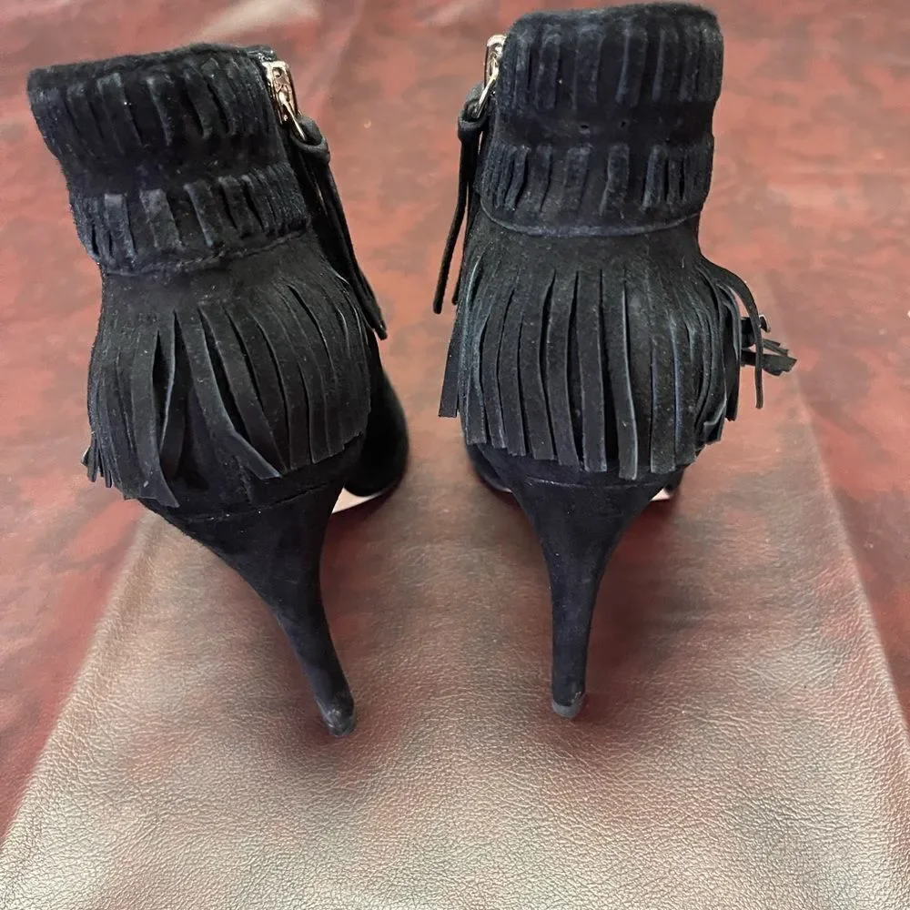 Rebecca Minkoff‎ black suede fringe heels, size 6 1/2